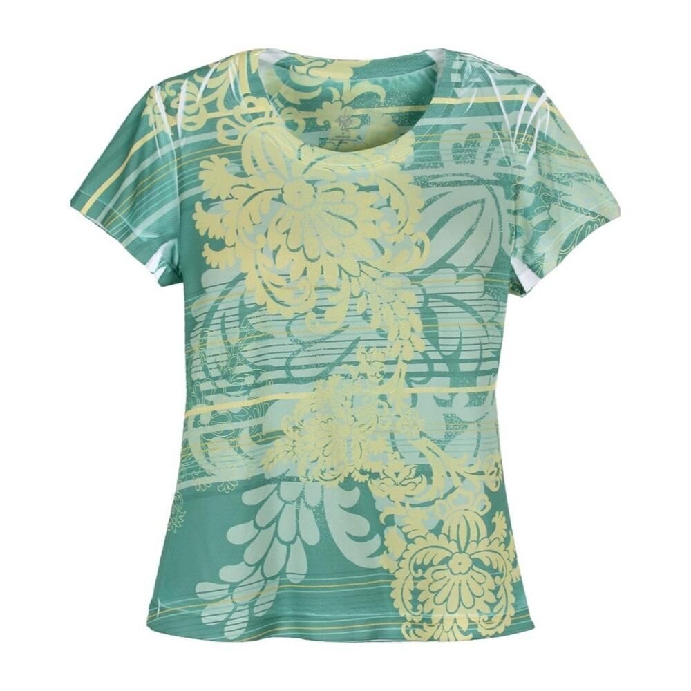 Prana Seafoam Green Scoop Neck Tee with Pale Yellow Floral Print